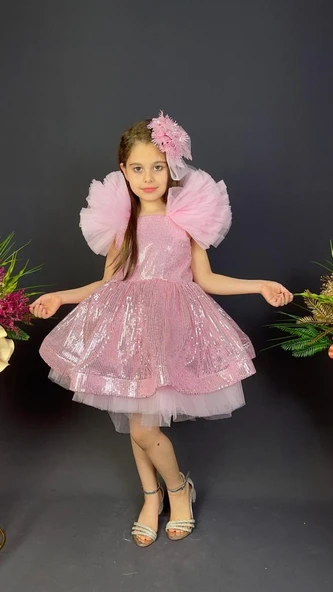 Tavus Kol Payetli Kumaş Kız Çocuk Elbise MNK0537 - Resim 8