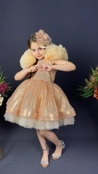 Tavus Kol Payetli Kumaş Kız Çocuk Elbise MNK0537 - Resim 12