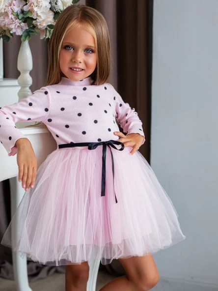 Kız Puantiyeli Tütülü Günlük Elbise MNK0416 - Resim 9