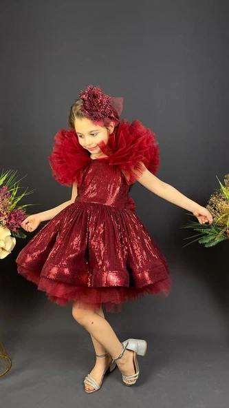 Tavus Kol Payetli Kumaş Kız Çocuk Elbise MNK0537 - Resim 5