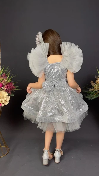 Tavus Kol Payetli Kumaş Kız Çocuk Elbise MNK0537 - Resim 2