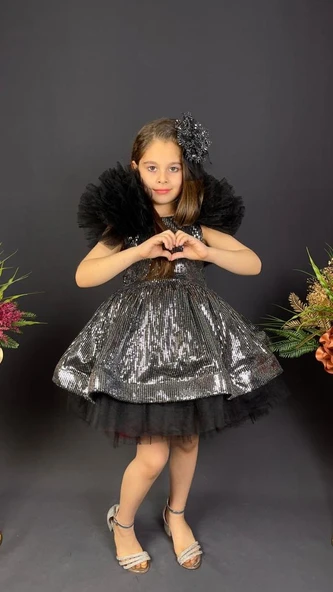 Tavus Kol Payetli Kumaş Kız Çocuk Elbise MNK0537 - Resim 4