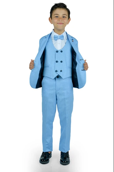 6 Düğme Yelekli Ceketli Çocuk Tam Takım Elbise MNK0523 - 6