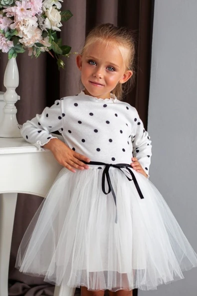 Kız Puantiyeli Tütülü Günlük Elbise MNK0416 - Resim 4