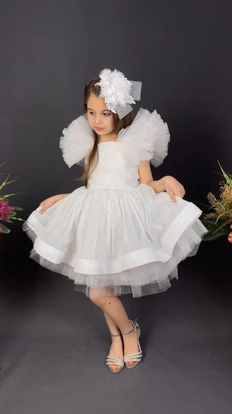 Tavus Kol Payetli Kumaş Kız Çocuk Elbise MNK0537 - Resim 10