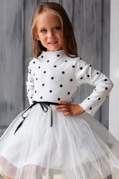 Kız Puantiyeli Tütülü Günlük Elbise MNK0416 - Resim 5