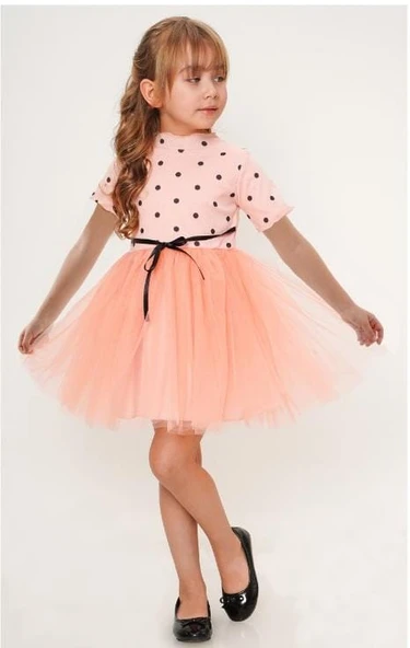 Kısa Kol Kız Puantiyeli Tütülü Günlük Elbise MNK0504 - 3