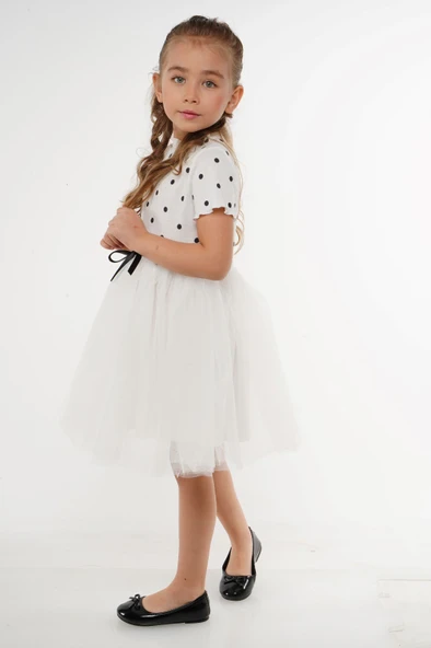 Kısa Kol Kız Puantiyeli Tütülü Günlük Elbise MNK0504 - 4