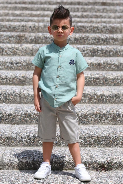 Keten Gömlek Dokuma Pantolon Kemerli Erkek Çocuk Takım  MNK4306 - 5