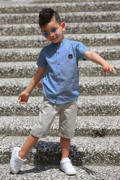 Keten Gömlek Dokuma Pantolon Kemerli Erkek Çocuk Takım  MNK4306 - 7