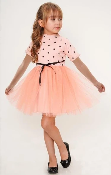 Kısa Kol Kız Puantiyeli Tütülü Günlük Elbise MNK0504 - 5