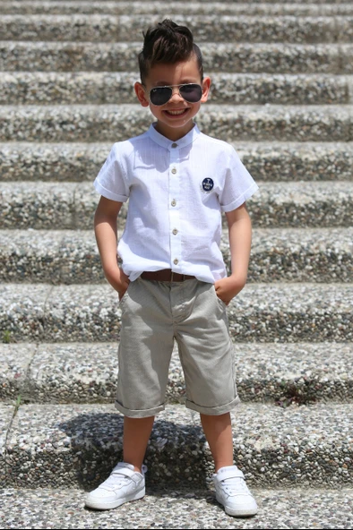 Keten Gömlek Dokuma Pantolon Kemerli Erkek Çocuk Takım  MNK4306 - 3