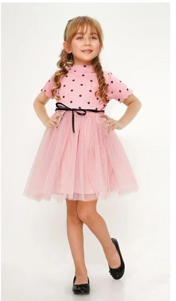 Kısa Kol Kız Puantiyeli Tütülü Günlük Elbise MNK0504 - 2