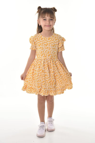 Fırfırlı Kız Çocuk Dokuma Kumaş Tiril Elbise MNK0503 - Resim 6