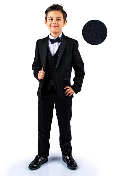 Simli Ceketli Yelekli Erkek Çocuk Damatlık Takım MNK0501 - Resim 6