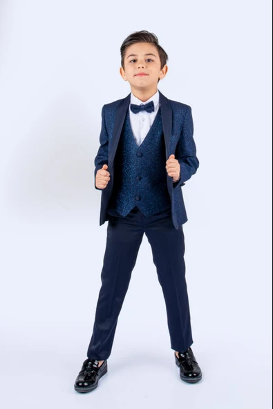 Simli Ceketli Yelekli Erkek Çocuk Damatlık Takım MNK0501 - Resim 7