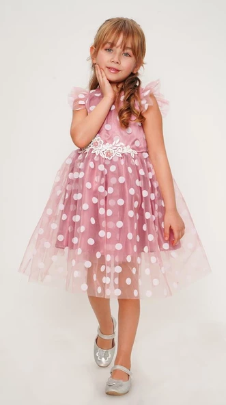 Flok Puantiyeli Kız Çocuk Elbise MNK0488 - 2