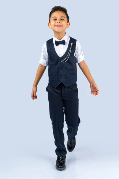 Zincirli Yelekli Çift Sıra Düğmeli Erkek Çocuk Takım MNK0484 ürün görseli 1