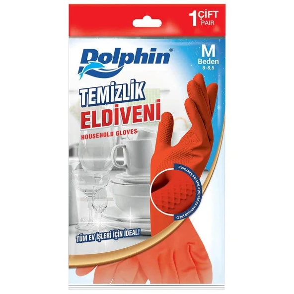 Dolphin Lateks Bulaşık Temizlik Eldiveni - Kırmızı - Orta Boy ( Medium ) - 8-8,5 - 1 Çift - Paket - Resim 2