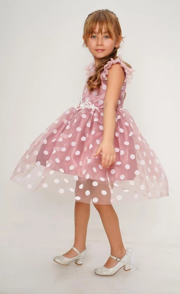 Flok Puantiyeli Kız Çocuk Elbise MNK0488 - 3