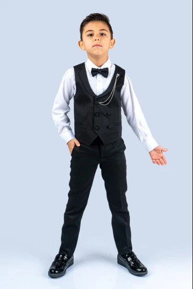 Zincirli Yelekli Çift Sıra Düğmeli Erkek Çocuk Takım MNK0484 - Resim 3