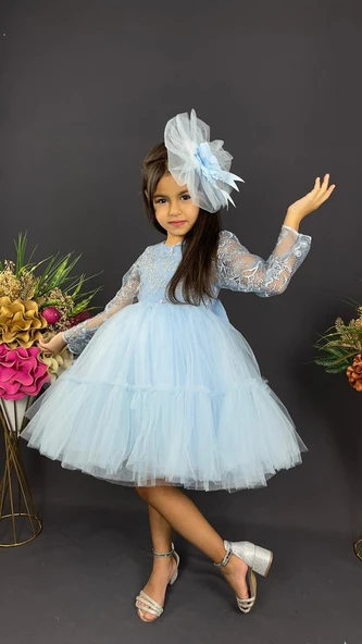 Uzun Kol Güpürlü Tokalı Vintage Abiye Elbise MNK0472 - Resim 4