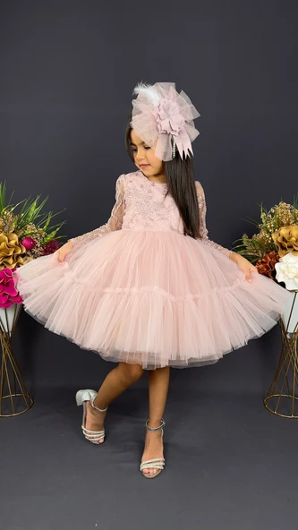 Uzun Kol Güpürlü Tokalı Vintage Abiye Elbise MNK0472 - Resim 2