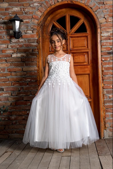 Güpür Model Gelinlik Çocuk Kolsuz Abiye MNK0469 - 2