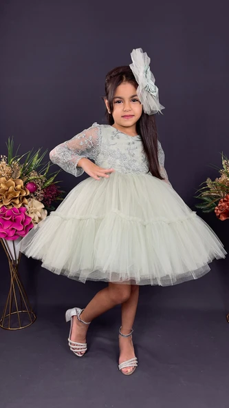 Uzun Kol Güpürlü Tokalı Vintage Abiye Elbise MNK0472 - Resim 3