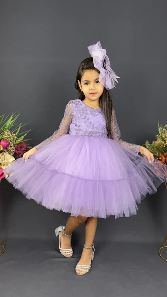 Uzun Kol Güpürlü Tokalı Vintage Abiye Elbise MNK0472 - Resim 7