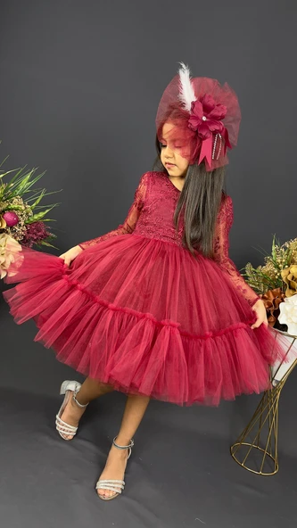 Uzun Kol Güpürlü Tokalı Vintage Abiye Elbise MNK0472 - Resim 5