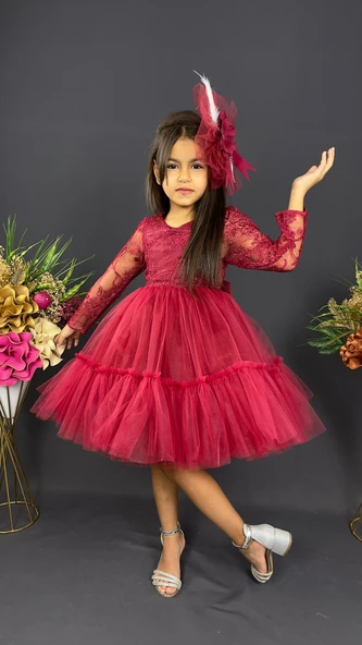 Uzun Kol Güpürlü Tokalı Vintage Abiye Elbise MNK0472 ürün görseli 1