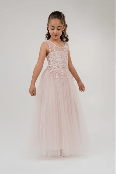 Güpür Model Gelinlik Çocuk Kolsuz Abiye MNK0469 - 3