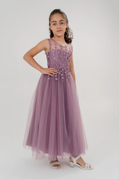 Güpür Model Gelinlik Çocuk Kolsuz Abiye MNK0469 - 4