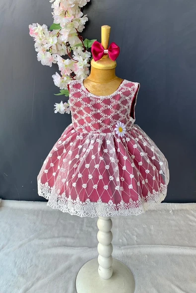 Saç Bantlı Papatyalı Dantelli Bebek Elbise PNPN146 - 8