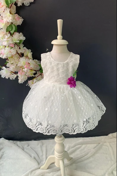 Saç Bantlı Papatyalı Dantelli Bebek Elbise PNPN146 - 3