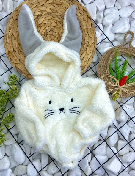 Kız Ve Erkek Çocuk İçin Kapüşonlu Bebek Peluş Çıtçıtlı Body MNK0410 - 3