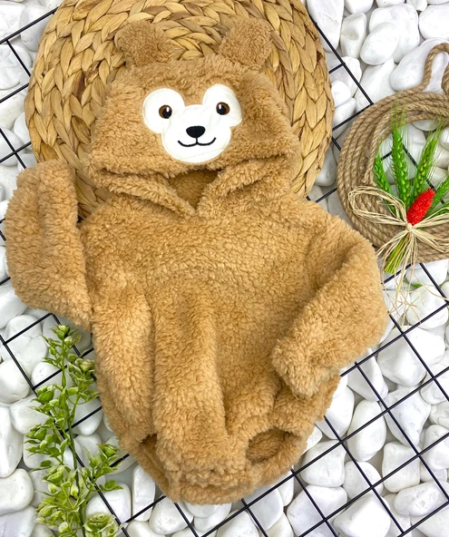 Kız Ve Erkek Çocuk İçin Kapüşonlu Bebek Peluş Çıtçıtlı Body MNK0410 - 5