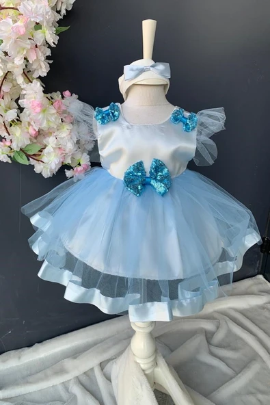 Pul Payet Fiyonklu Saten Kız Bebek Mevlütlük Elbise PNPN176 - 2