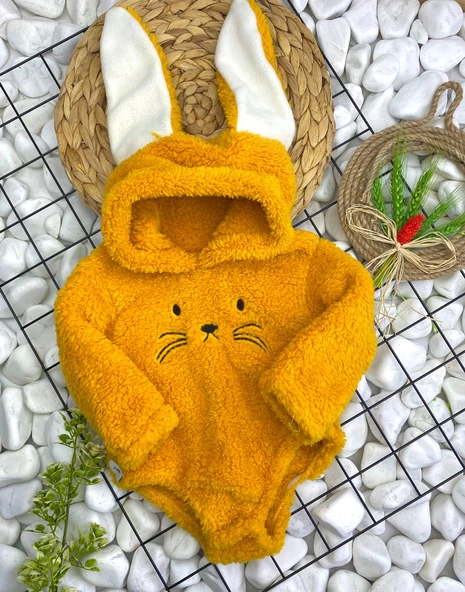 Kız Ve Erkek Çocuk İçin Kapüşonlu Bebek Peluş Çıtçıtlı Body MNK0410 - 4