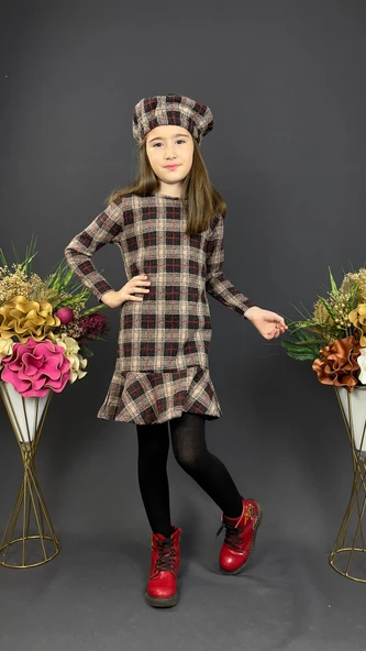 Kız Çocuk Şapkalı Kışlık Uzun Kol Elbise MNK0412 - Resim 4