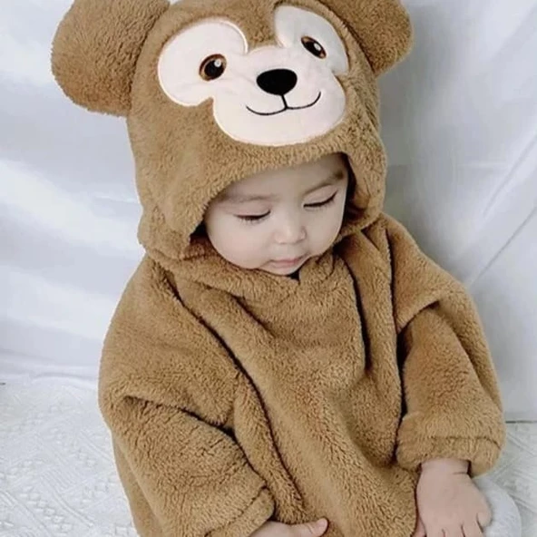 Kız Ve Erkek Çocuk İçin Kapüşonlu Bebek Peluş Çıtçıtlı Body MNK0410 - 7