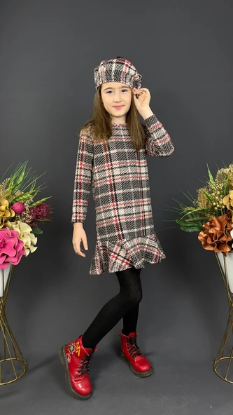Kız Çocuk Şapkalı Kışlık Uzun Kol Elbise MNK0412 - Resim 3