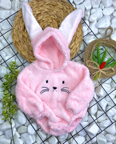 Kız Ve Erkek Çocuk İçin Kapüşonlu Bebek Peluş Çıtçıtlı Body MNK0410 - 6