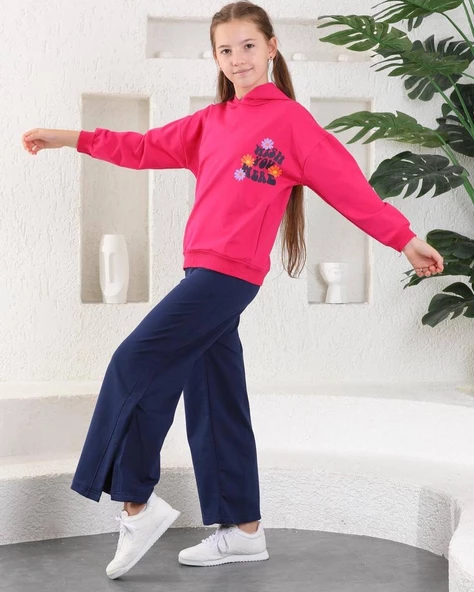 Çiçekli İspanyol Paça Garson Boy Salaş Model Kız Eşofman Takım MNK0394 ürün görseli 1