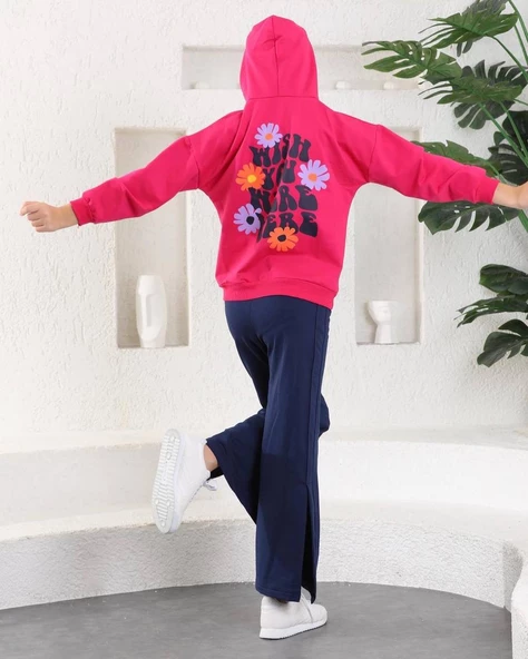 Çiçekli İspanyol Paça Garson Boy Salaş Model Kız Eşofman Takım MNK0394 - Resim 3