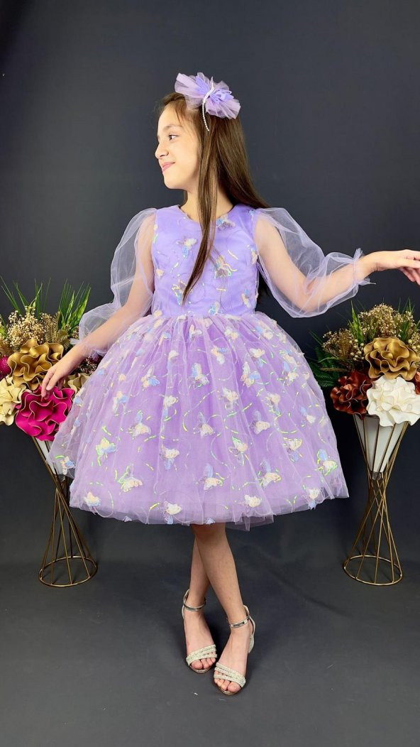 Kelebek Desen Tüllü Kol Kız Çocuk Tokalı Özel Gün Abiyesi MNK0391 ürün görseli 1