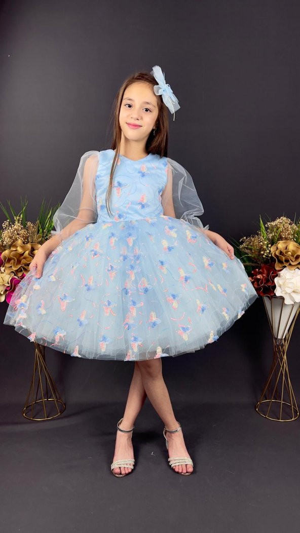 Kelebek Desen Tüllü Kol Kız Çocuk Tokalı Özel Gün Abiyesi MNK0391 - Resim 3