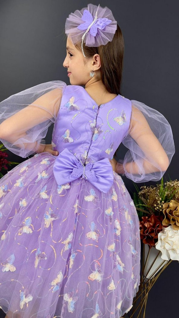 Kelebek Desen Tüllü Kol Kız Çocuk Tokalı Özel Gün Abiyesi MNK0391 - Resim 6