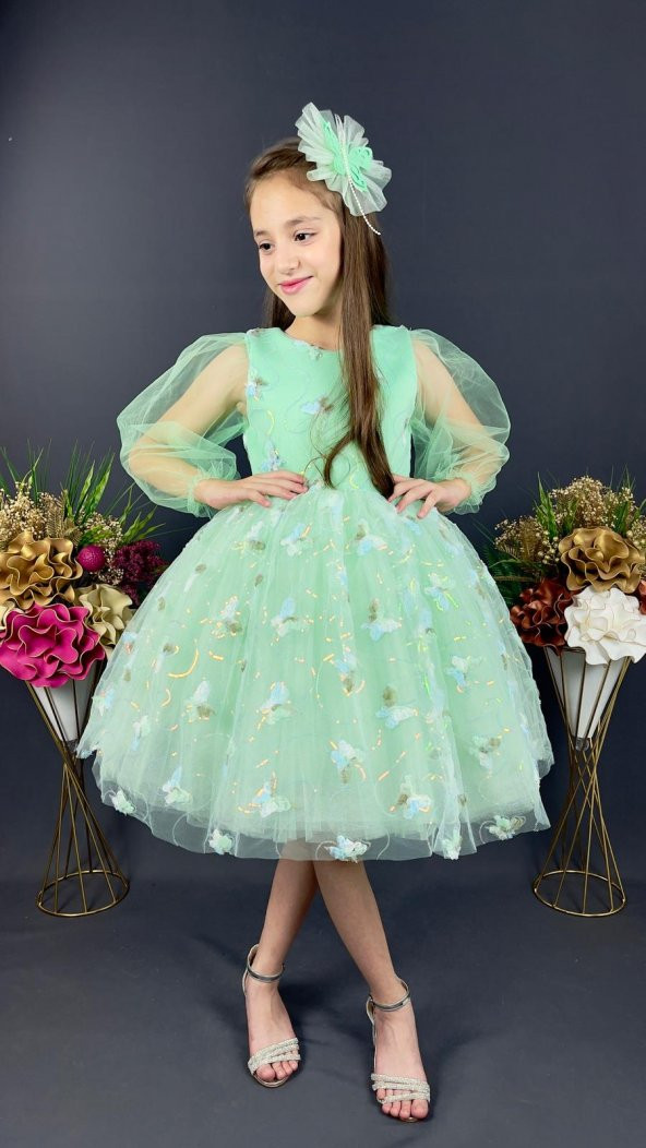 Kelebek Desen Tüllü Kol Kız Çocuk Tokalı Özel Gün Abiyesi MNK0391 - Resim 8